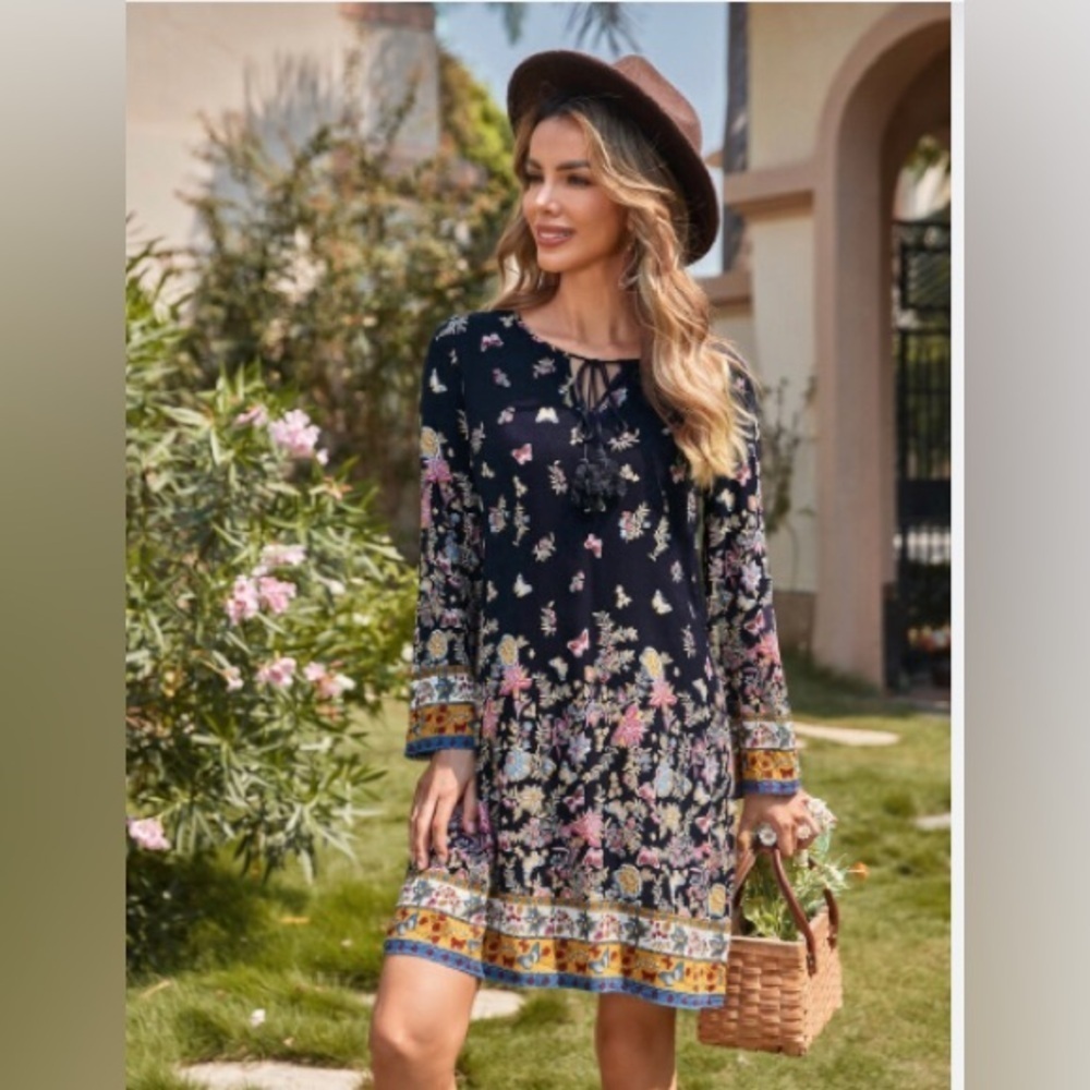 Suzy Shier Floral Print Dress with Sheer Sleeve Detail, Size X small